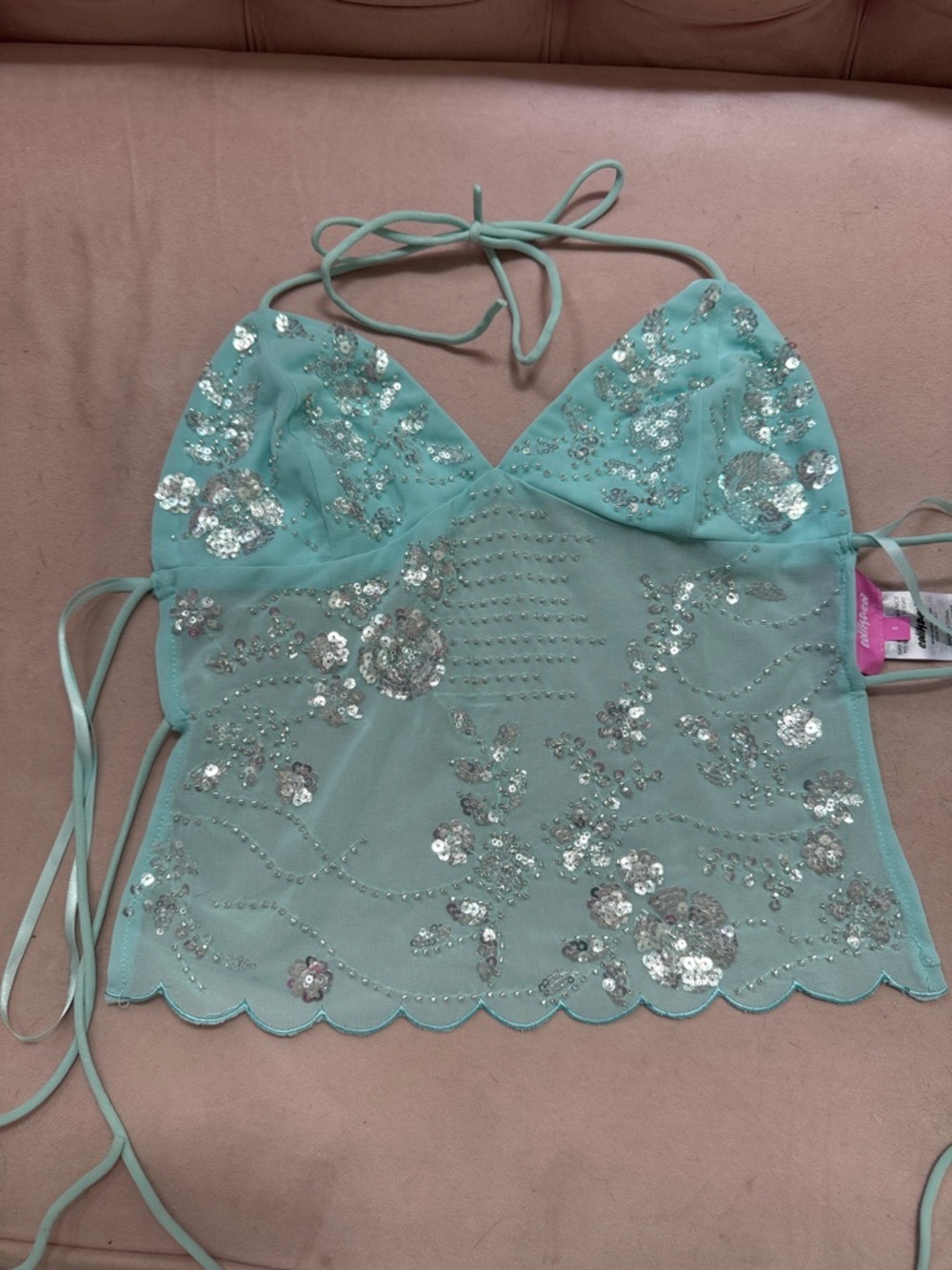 Edikted Mint Sequin Halter Crop Top